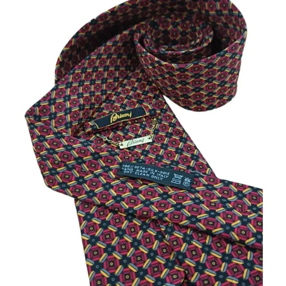 BRIONI Red Geometric Silk Tie HANDMADE ITALY 59